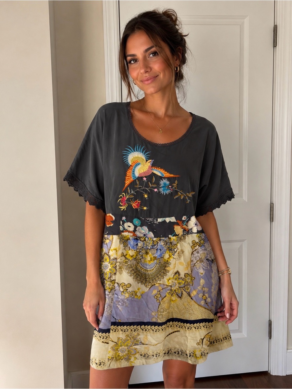 Johnny Was Dark Charcoal Embroidered Scoop Neck Top